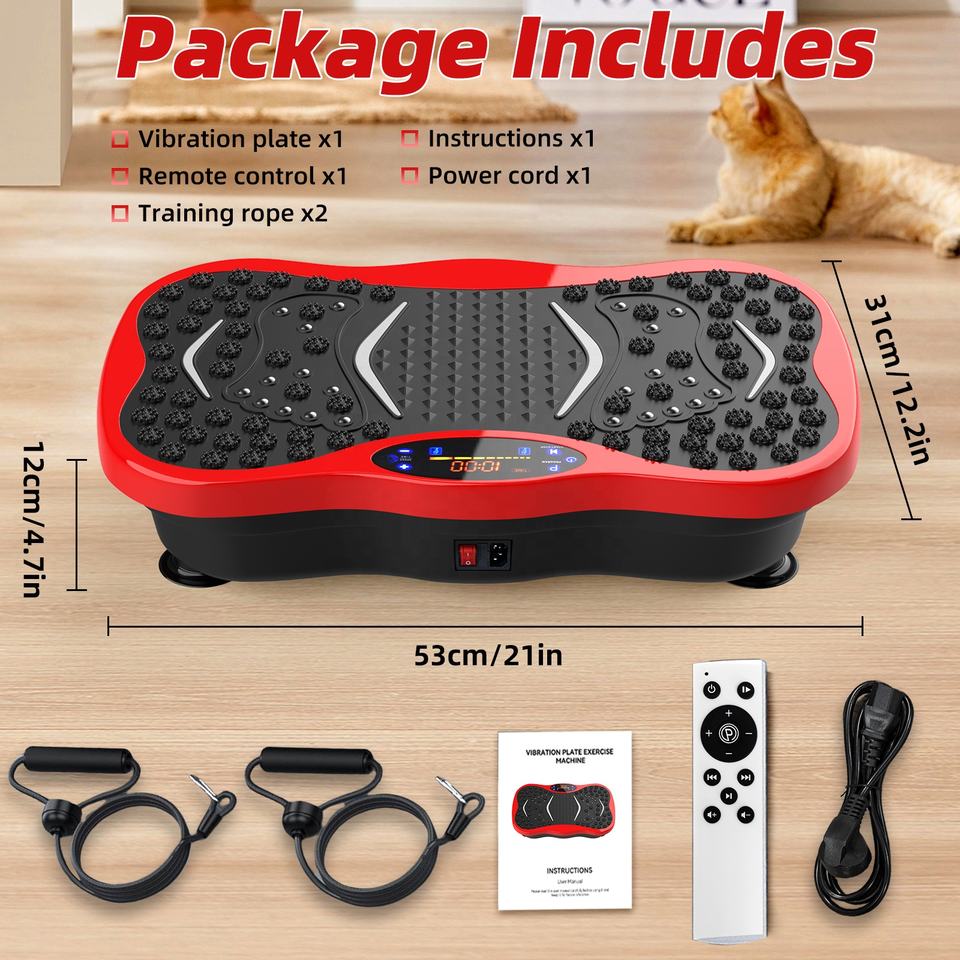 Vibration plate package includes resistance bands and remote